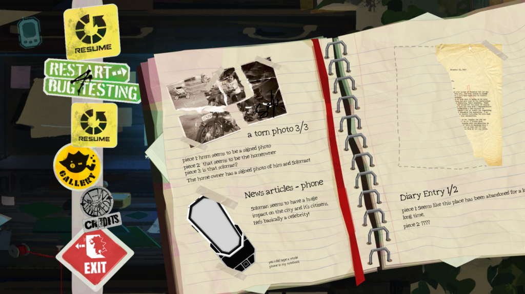 In-game menu + Journal of clues